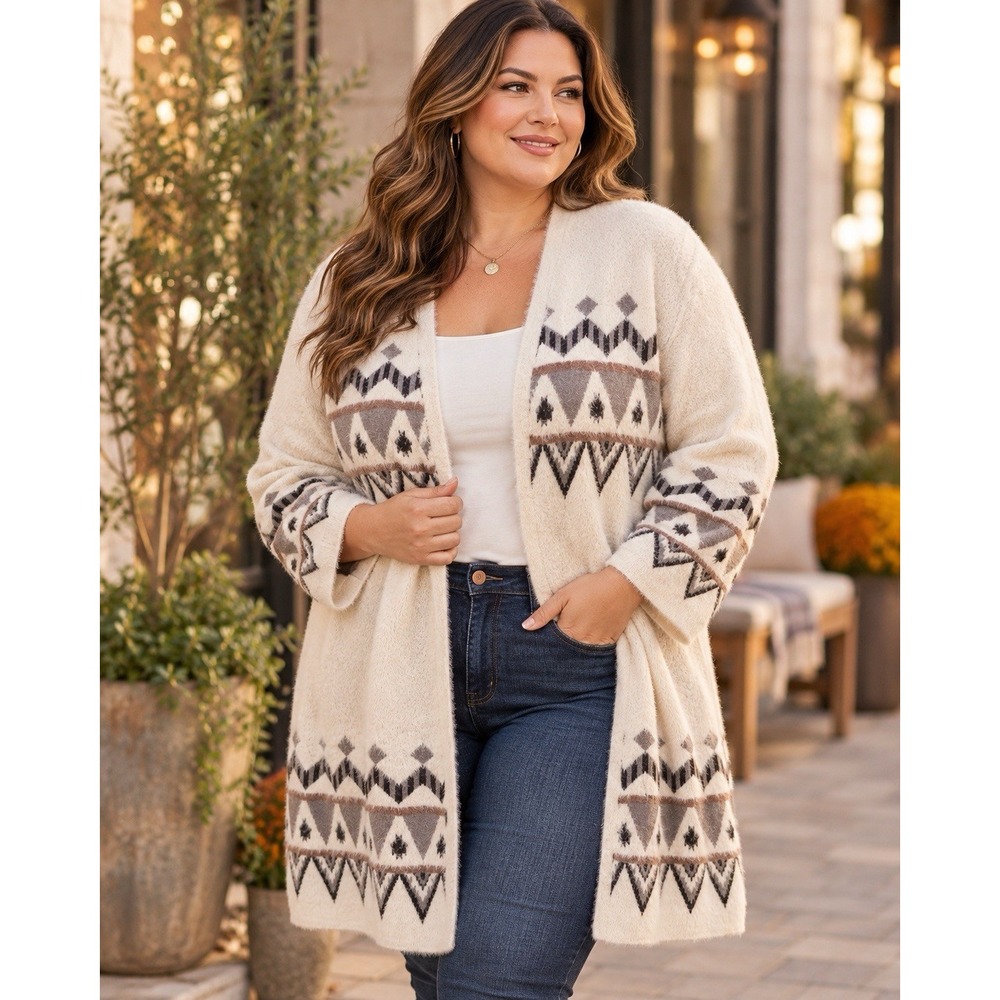 BELLDINI AZTEC OPEN Cardigan 3x Long Soft Duster Women's sweater cream gray